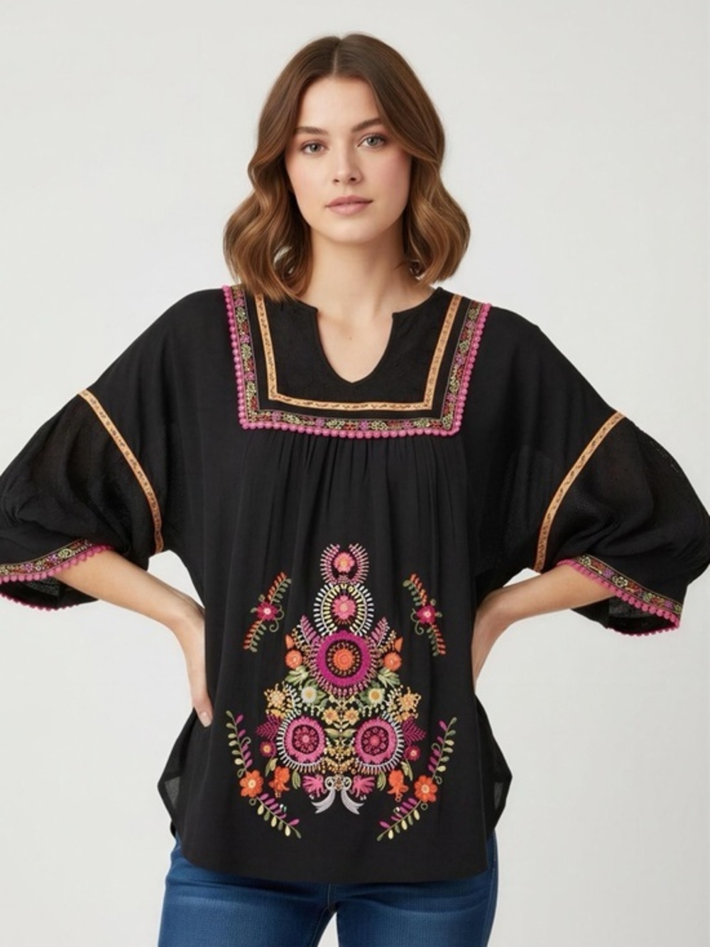 Ivy Jane Black Tunic with Colorful Embroidery